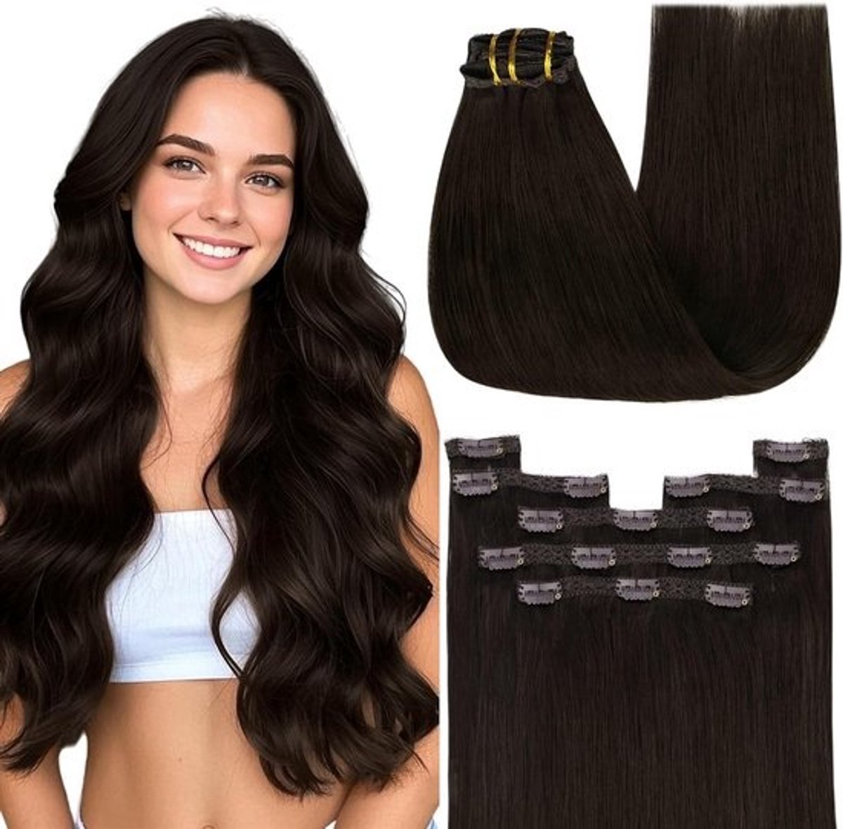 Clip-In Haarverlenging 50 cm Donkerbruin - Echt Haar | Dikke Reperen