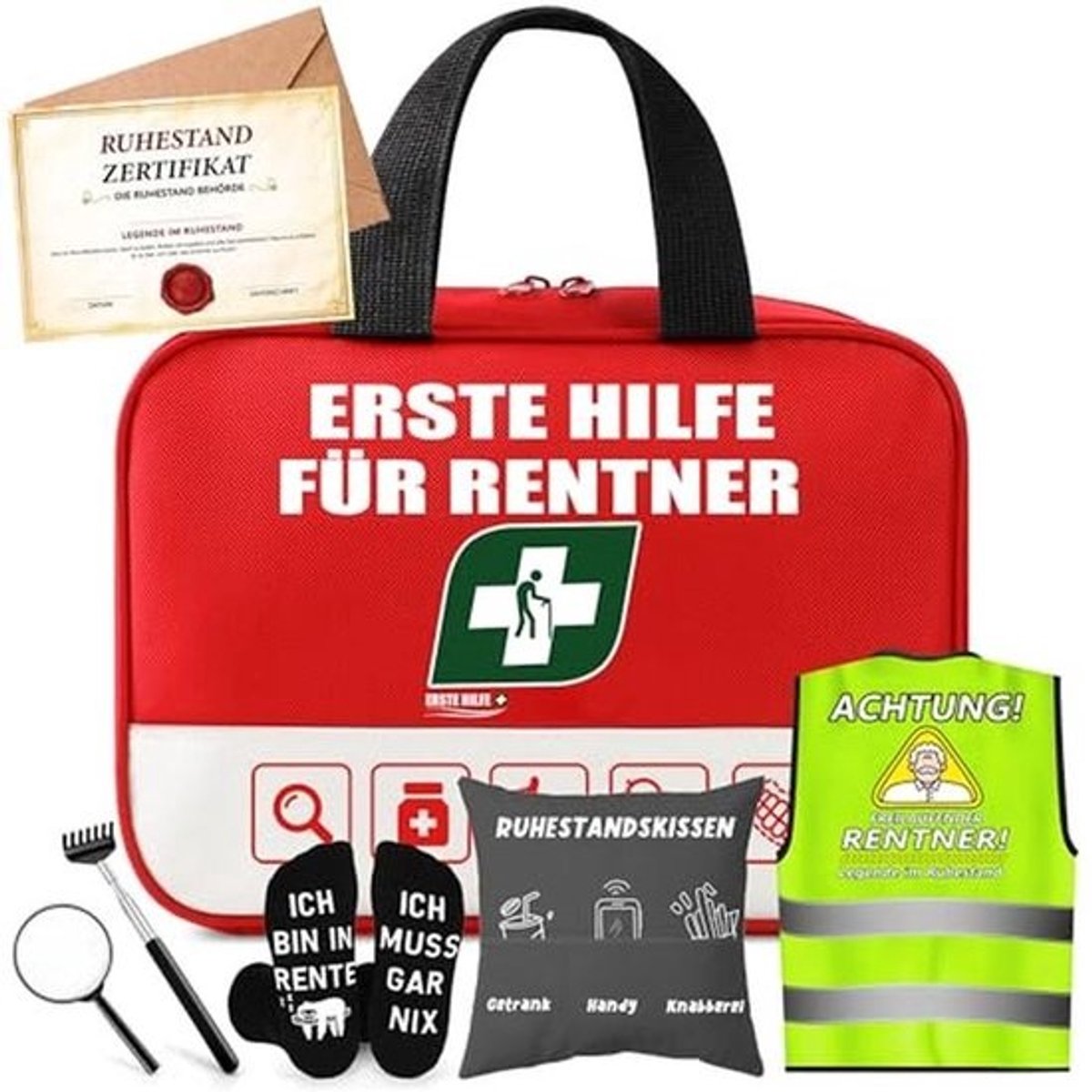 Cadeauset voor pensioen mannen met EHBO-tas, wenskaart en grappige sokken