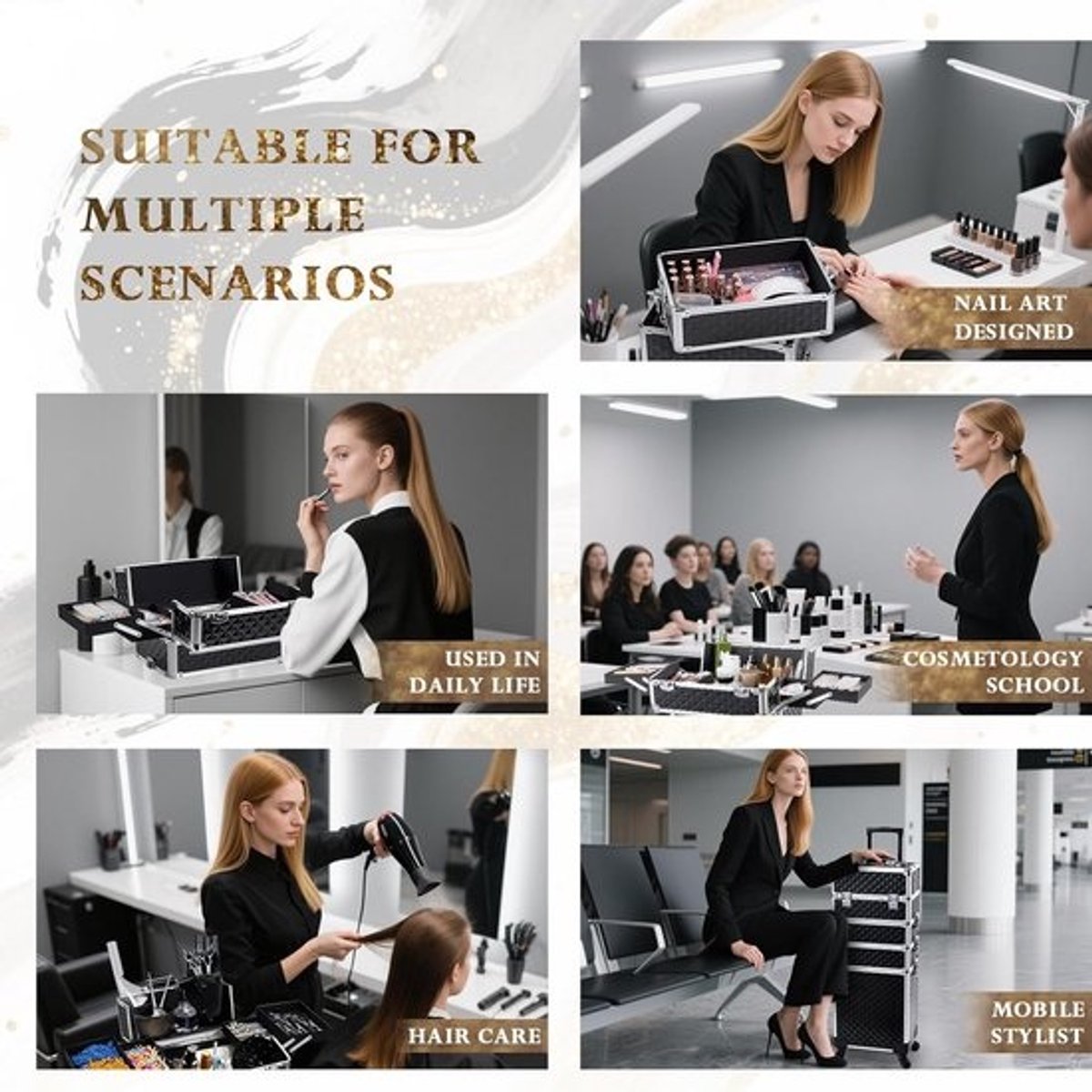 Grote Make-up Koffer Trolley 4-in-1 Verrijdbare Cosmetica Reisdoos met Slot
