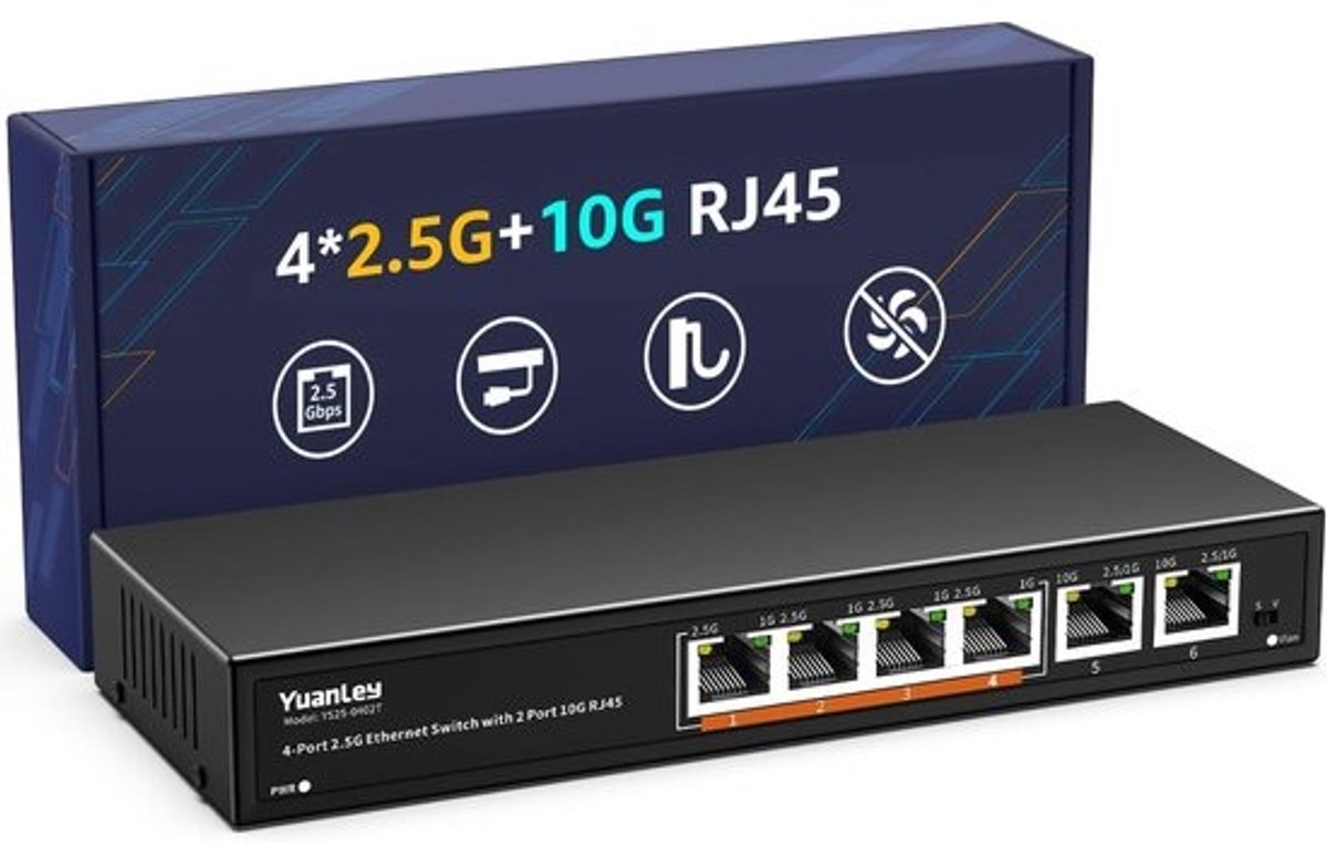 6-Poorts 10G Ethernet Switch: 4x 2.5G & 2x 10G RJ45 Poorten, Fanless Netwerk Switch