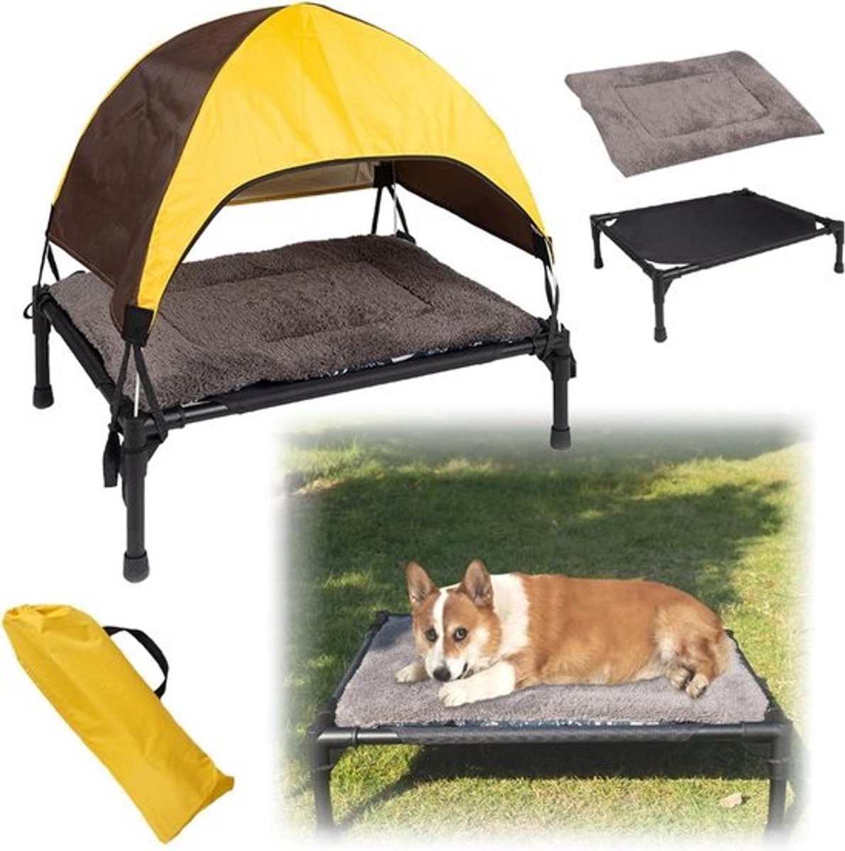 Inklapbaar Hondenbed Buiten met Dak voor Schaduw | Ligbed voor Camping & Tuin