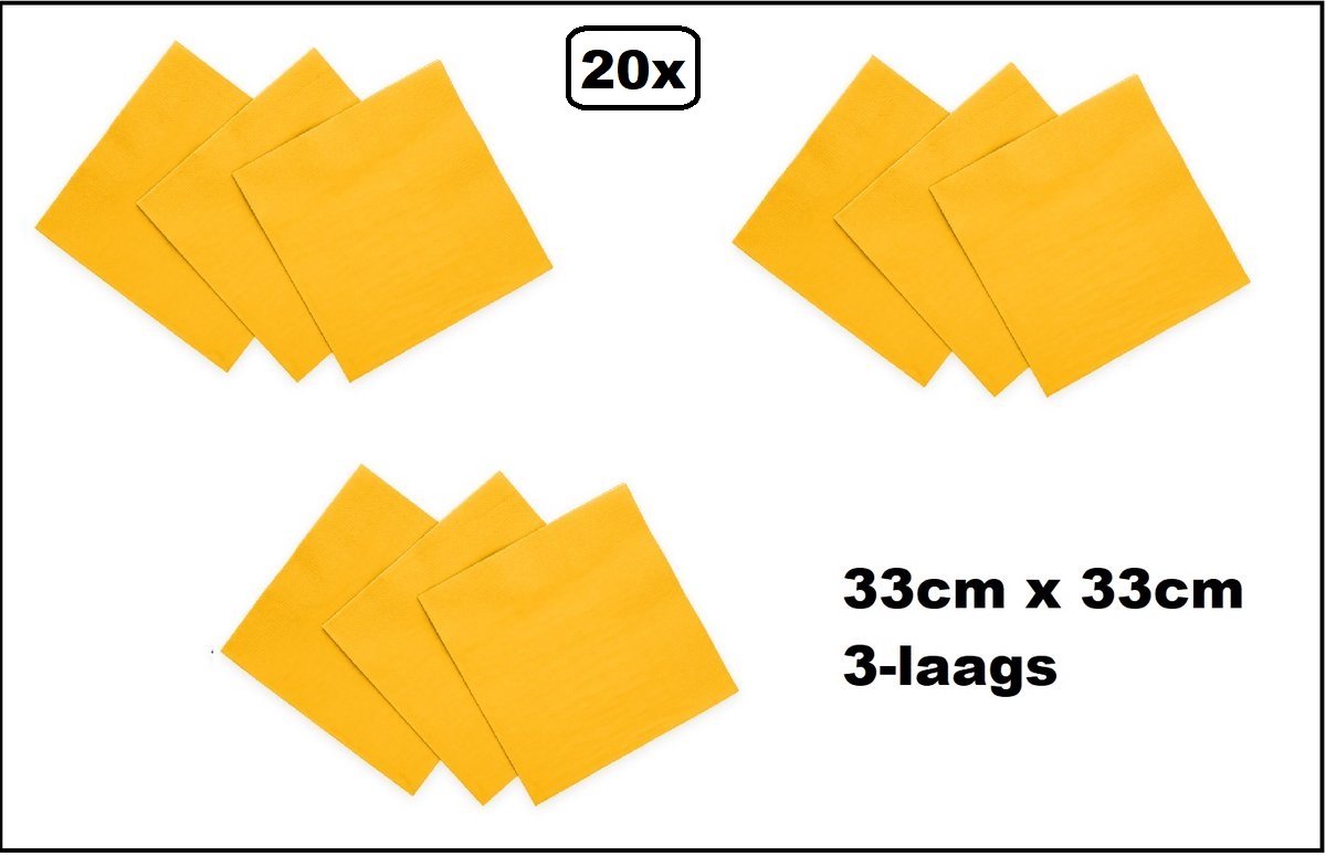20 stuks Servetten geel 33cm x 33cm - 3 laags - Cocktail servet diner eten knoeien restaurant BBQ thema feest verjaardag feest