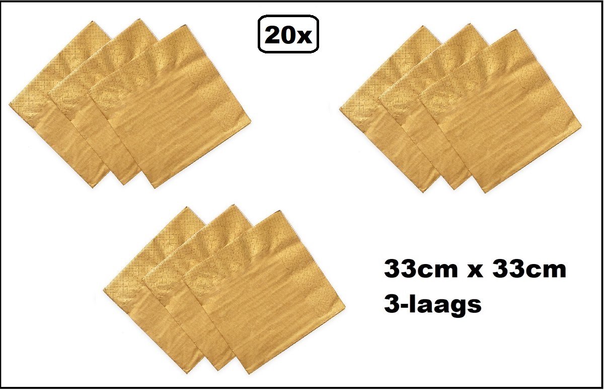 20 stuks Servetten goud 33cm x 33cm - 3 laags - Cocktail servet diner eten knoeien restaurant BBQ thema feest verjaardag feest