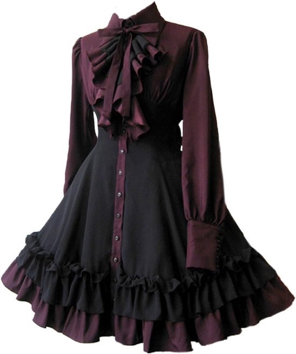 Zwarte Gothic Jurk voor Vrouwen en Meisjes met Lange Mouwen en Ruche Details