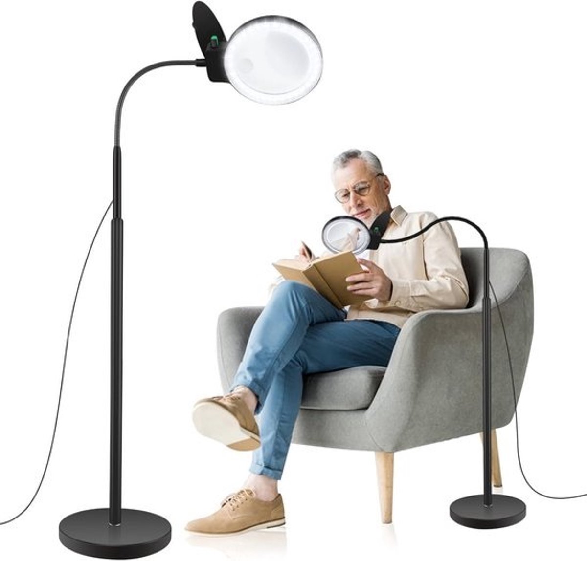 Vergrootglas met Licht en Standaard - 10x & 20x Vergroting, Dimbare LED Vloerlamp voor Lezen, Naaien en Hobby's