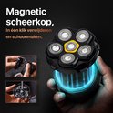 De magnetische scheerkop met 6 bladen, met de tekst "Magnetic scheerkop, In één klik verwijderen en schoonmaken."