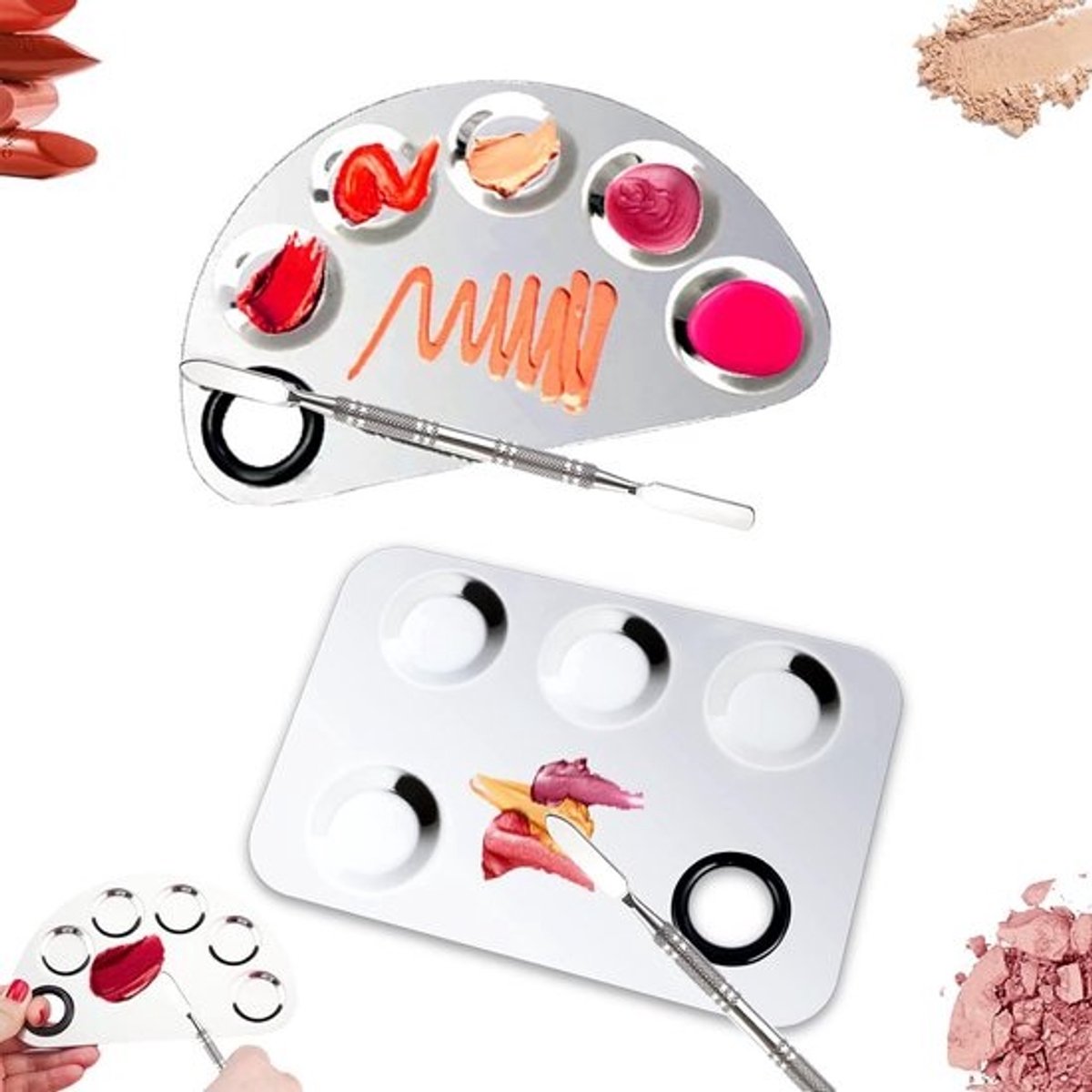 2 Stuks RVS Make-up Palet met Spatel - Mengbord voor Cosmetica, Foundation en Nagellak