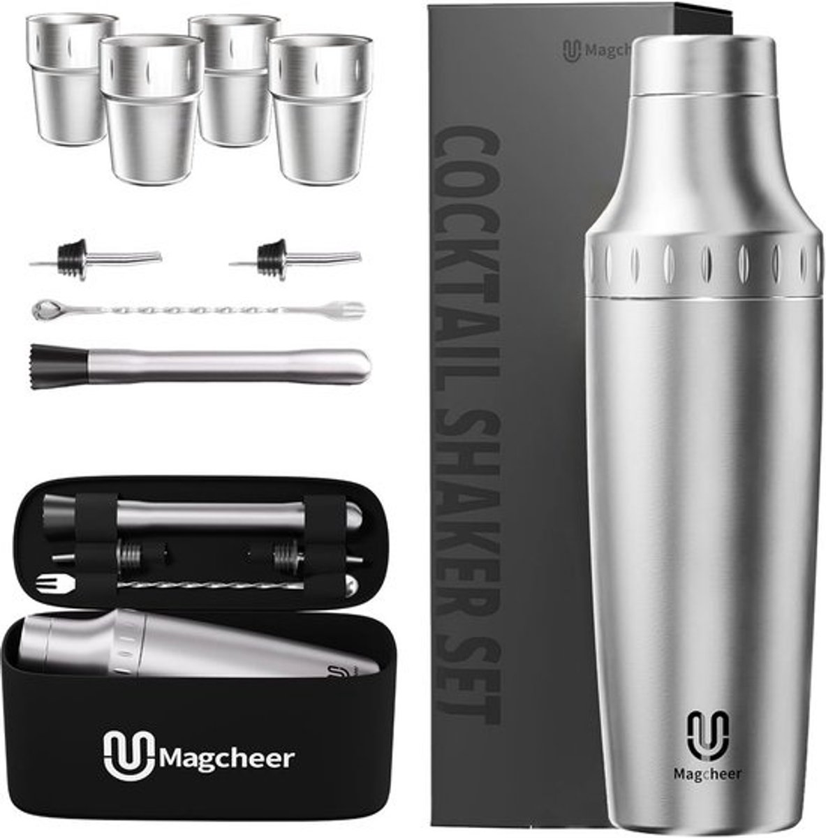 Hybride Cocktailshaker Set RVS met Stapelbare Bekers en Bartools