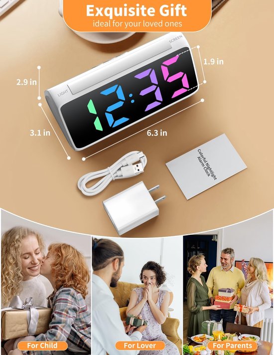 Digitale Wekker - Nachtlamp Klok - Tijd Weergeven - Groot Kleurendisplay - 4.8cm Cijfers - Wit — afbeelding 3