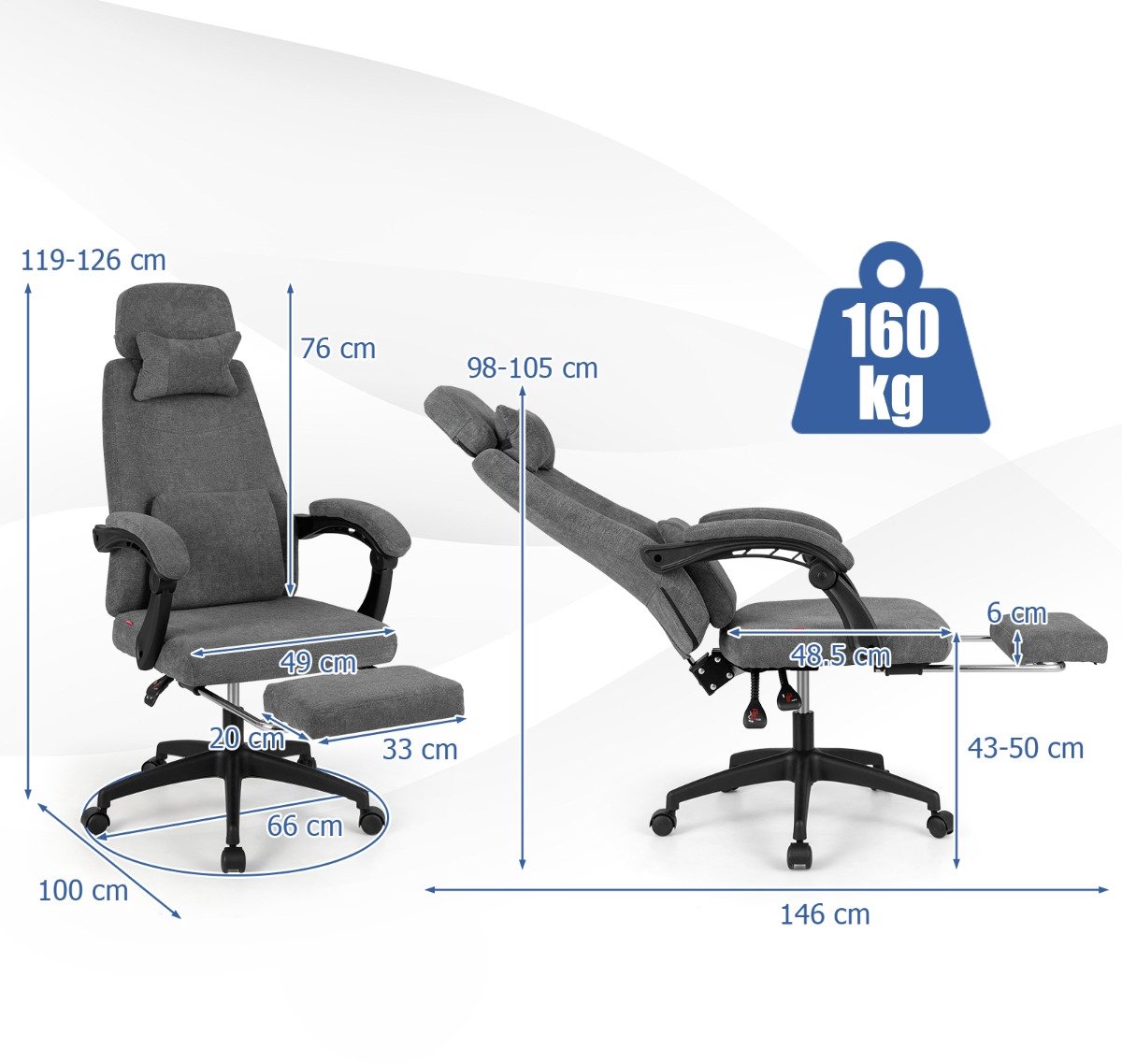 SureDeal® - Bureaustoel - Executive Verstelbare Computer - 100x66x119 cm - Grijs
