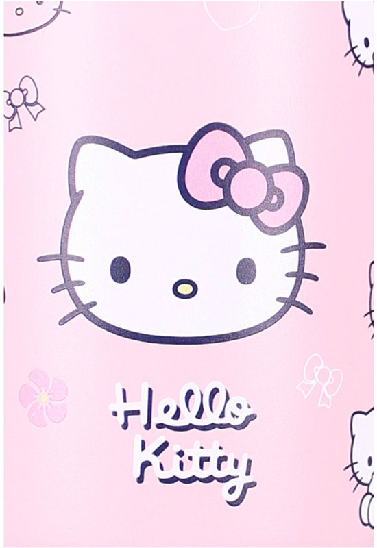 Roze Hello Kitty design met strikjes en bloemen.