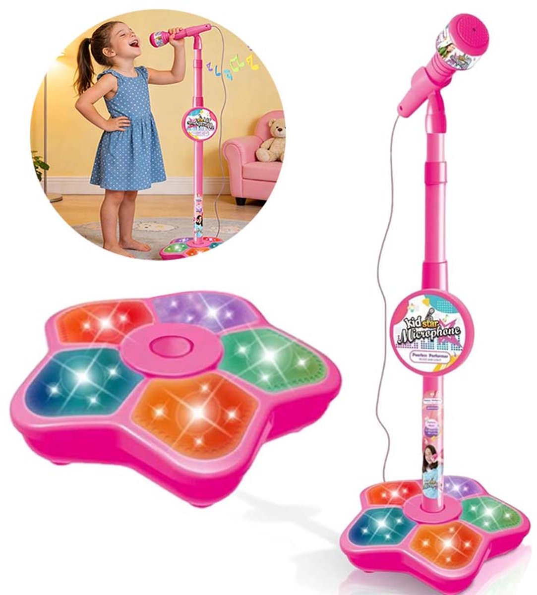 Kinder Karaoke Microfoon met Lichteffecten & Verstelbare Standaard - Zingend Speelgoed voor Peuters en Kleuters - Geschikt voor Jongens en Meisjes van 3-8 Jaar (Roze)