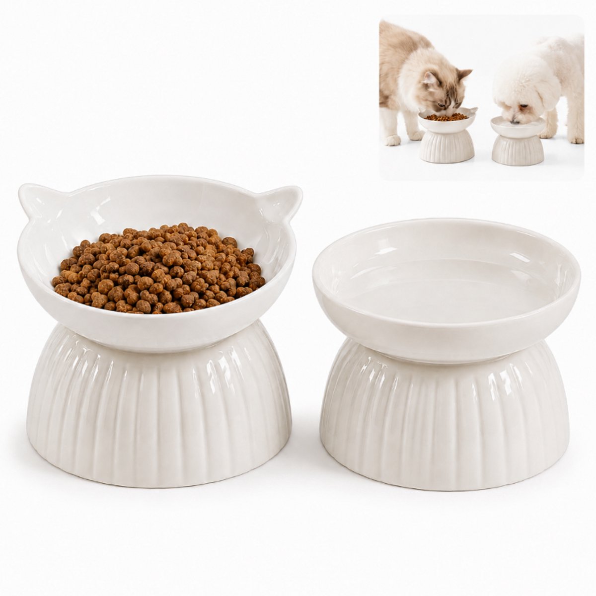 Voerbak Kat Set Van 2- Kattenvoerbakjes Verhoogd- Huisdiervoerbak - Drinkbak En Eetbak - Afneembaar - Voor Katten En Kleine Honden - Wit