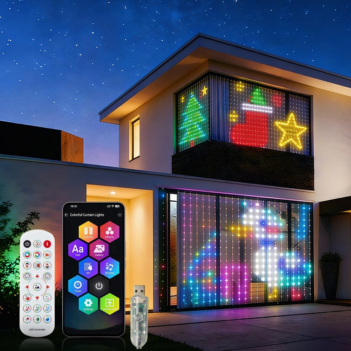 Namajunas - Smart Lichtgordijn - 3M x 3M - 400LED RGB - DIY Patronen Mogelijk - Met Eigen App & Afstandsbediening - Timer - Muziek‑gestuurd Licht - IP44 - Lichtgordijnen – Sfeerverlichting - Binnen en Buiten - Decoratie voor Huis - Cadeaus voor Kerst