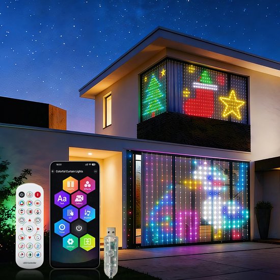 Namajunas - Smart Lichtgordijn - 3M x 3M - 400LED RGB - DIY Patronen Mogelijk - Met Eigen App & Afstandsbediening - Timer - Muziek‑gestuurd Licht - IP44 - Lichtgordijnen – Sfeerverlichting - Binnen en Buiten - Decoratie voor Huis - Cadeaus voor Kerst