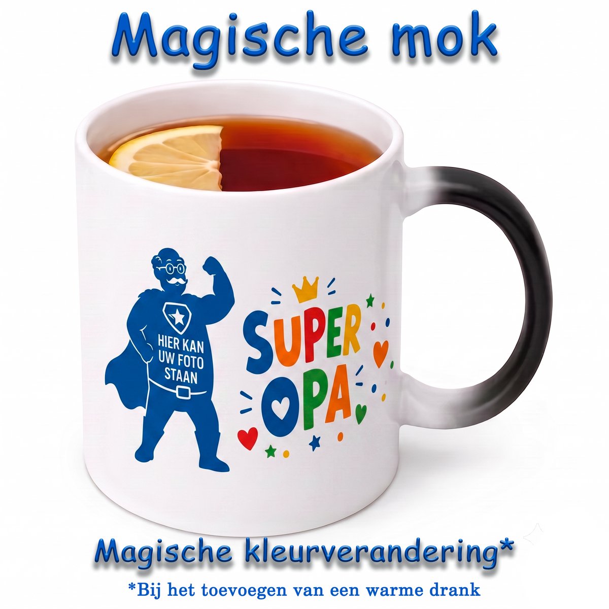 Gepersonaliseerde Magische Mok Super Opa – Kleurveranderende Mok met Eigen Foto – Warmtegevoelige Fotomok – Cadeau voor Opa – Koffiemok Opa – Theemok Grootvader – Zwarte Mok wordt Wit bij Warme Drank – Superheld Opa Beker