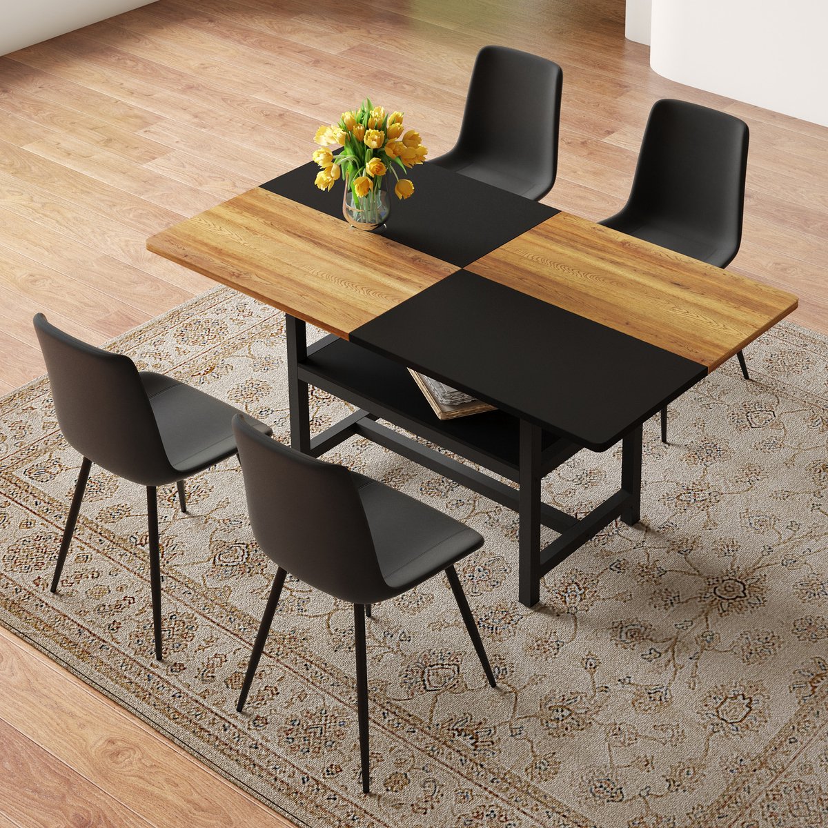DESMIU Set Tafel En Stoelen 160 cm - Rechthoekige Eettafel Met Opbergrek En 4 Stoelen - Voor Eetkamer En Keuken - MDF Metaal Bruin Zwart