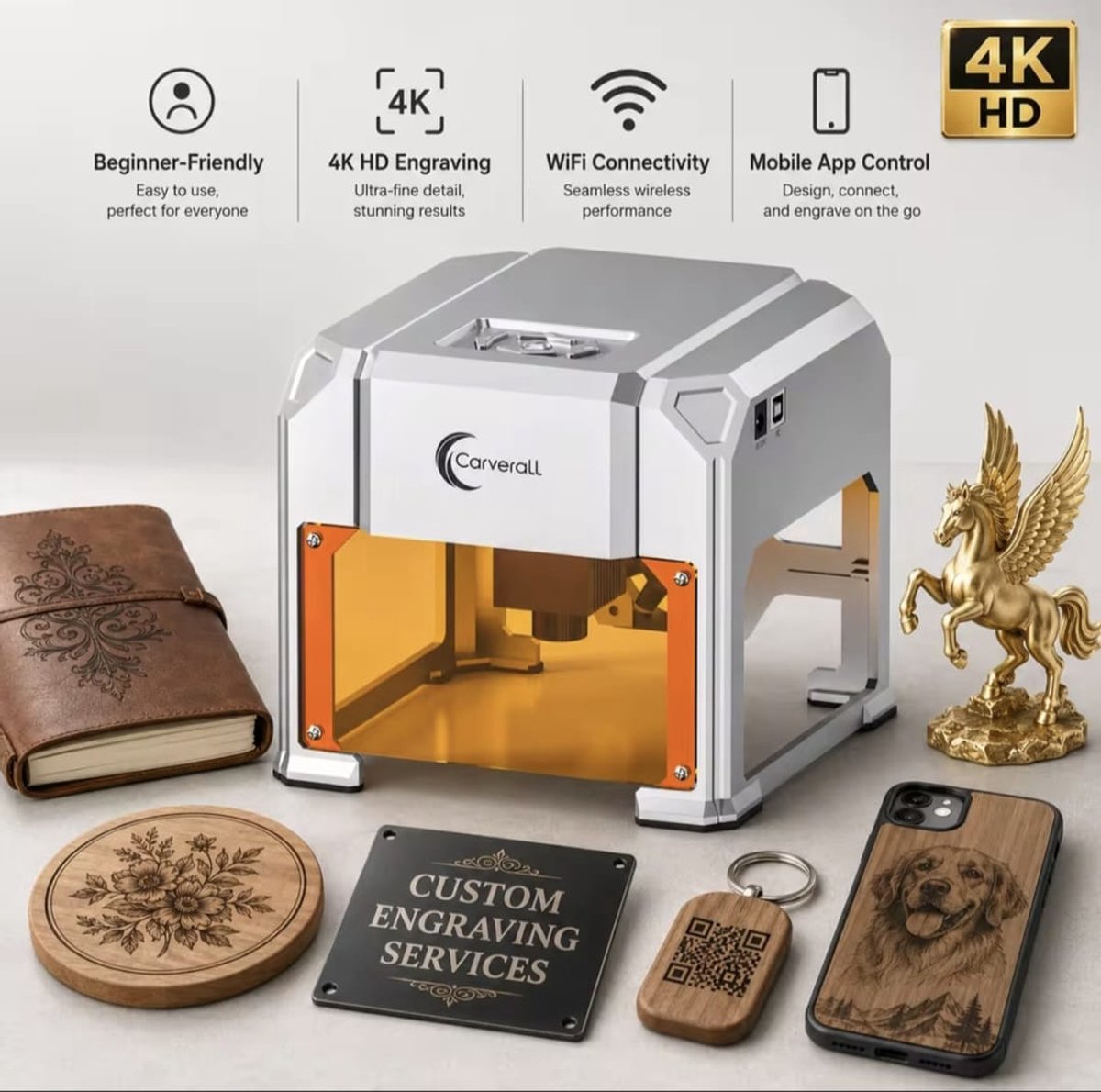 Laser Graveermachine K4 - Laser Cutter - 3W - Lasergraveermachine - Graveren - Display - WiFi App - 80 x 80 mm - Laser Snijmachine - Bedienbaar Met APP