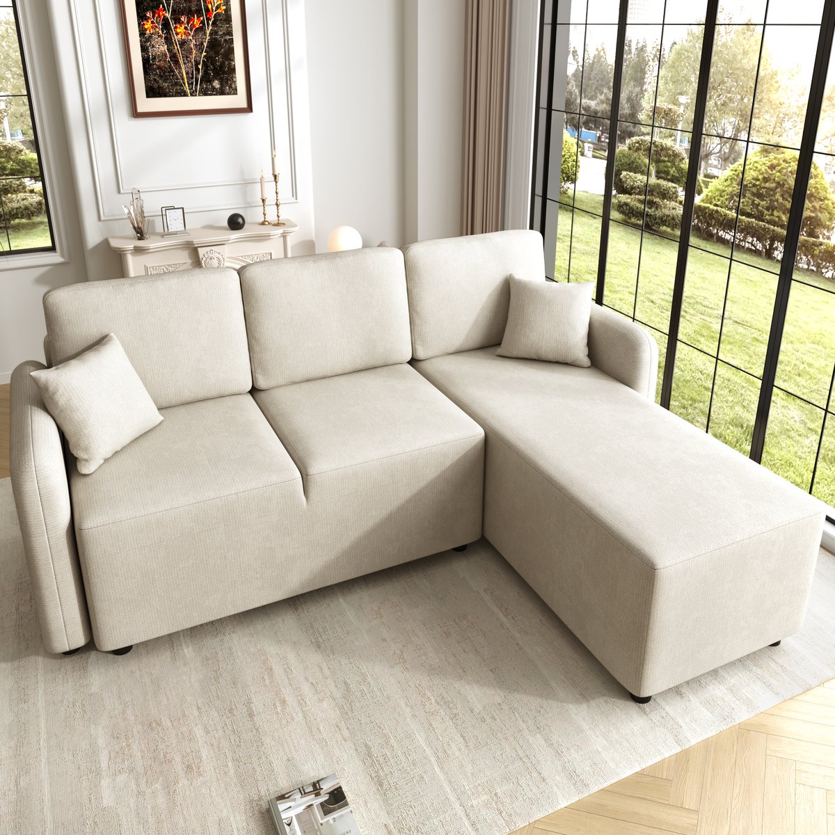 HAUSS SPOLE Hoekbank - 3-Zits Bank Met Rechter Chaise Longue - Comfortabel Zitten En Liggen - Voor Woonkamer En Studentenwoning - Chenille Lichtbeige