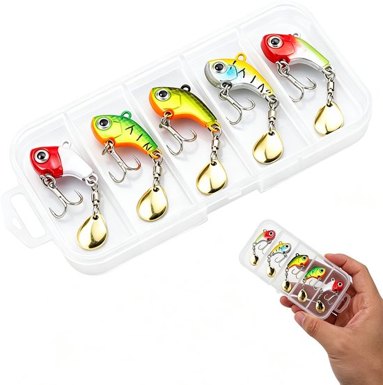 Kaiyaya - 5 stuks VIB Spinner kunstaas set - Roterend & Trillend - Met opbergbox - Met haken - Voor baars, snoek, roofvis - Mix kleuren, 5g