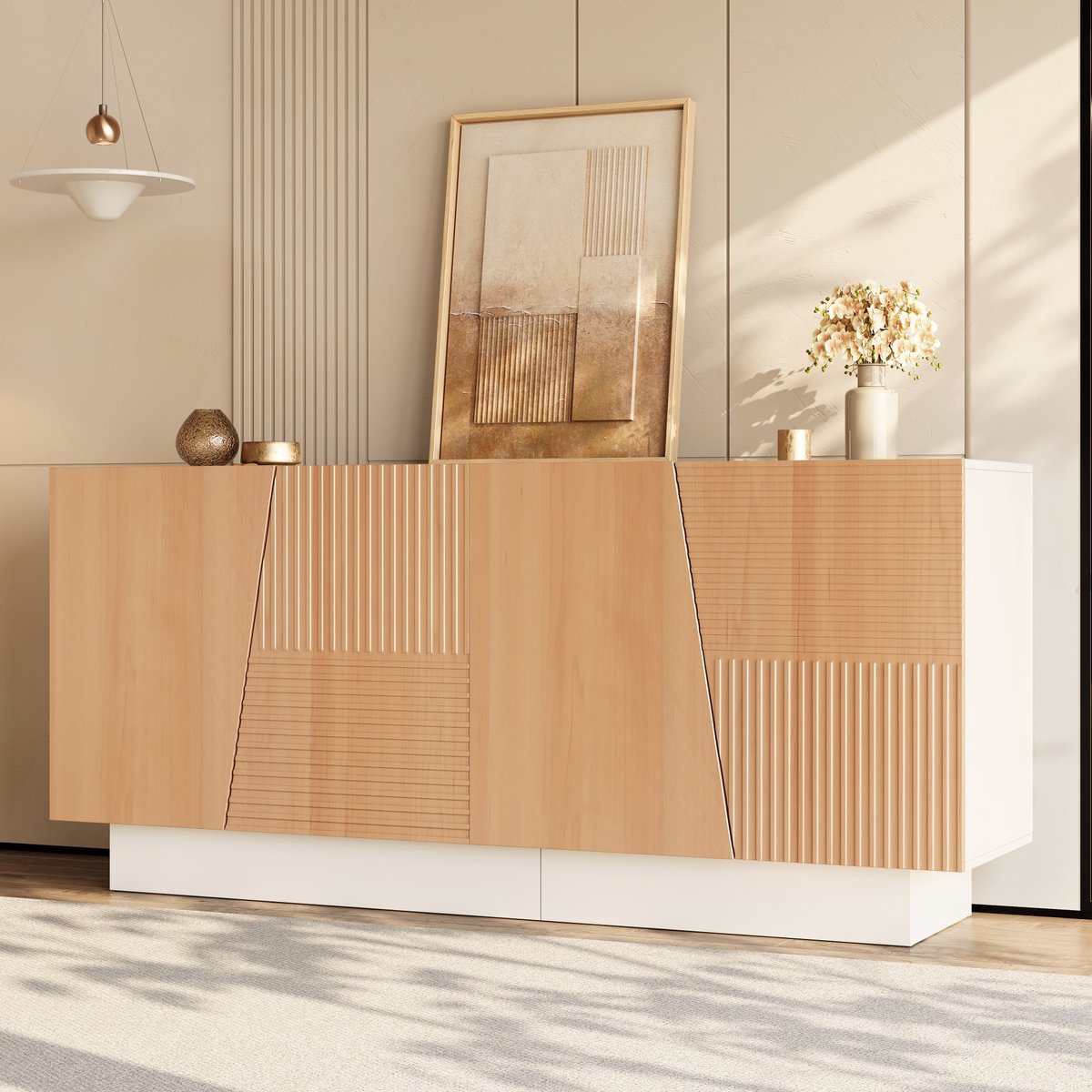 Wishdor - Dressoir - geometrische rillenstructuur - 4 deuren en 2 aparte opbergruimtes - Scandinavisch - woonkamer hal eetkamer - houtlook en bewerkt hout - wit naturel - 160 cm