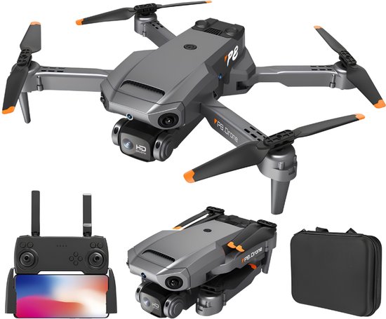 Grijze P8 drone met oranje accenten, controller en opbergkoffer.