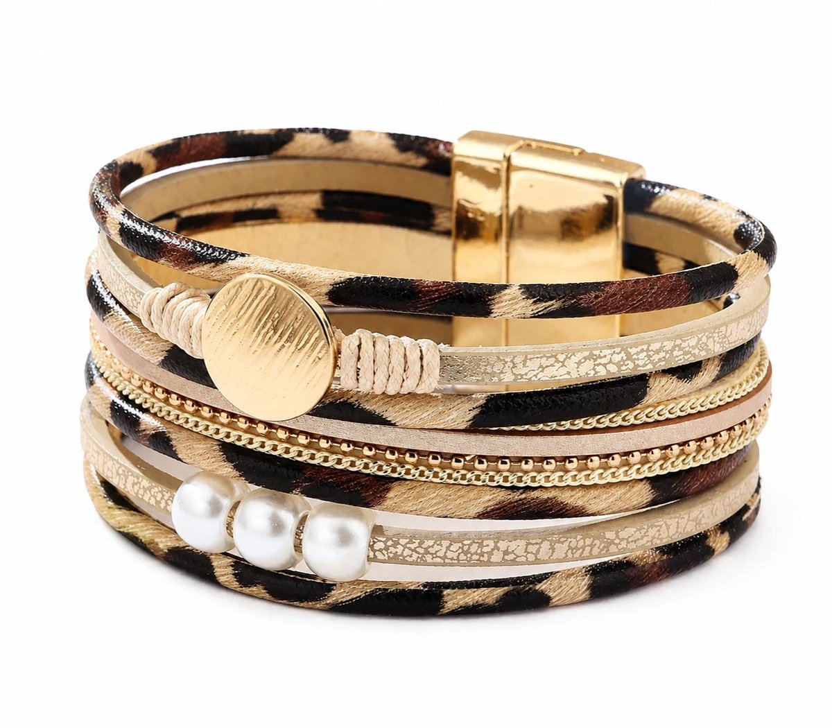 Armbandenset- Dames Armband- Leren armband - Panter Armband- Armband Leer- Magnetische sluiting- Vrouw- LiLaLove- Moederdag