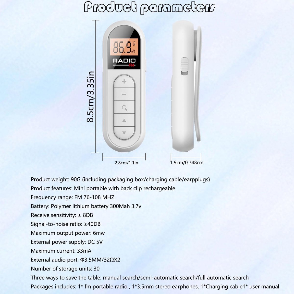 Mini Zakradio - FM 76-108MHz - USB-C Oplaadbaar - Wit - LCD Display - Draagbare Pocket Radio met Hoofdtelefoonaansluiting - Ultra Lichtgewicht - Clip-on