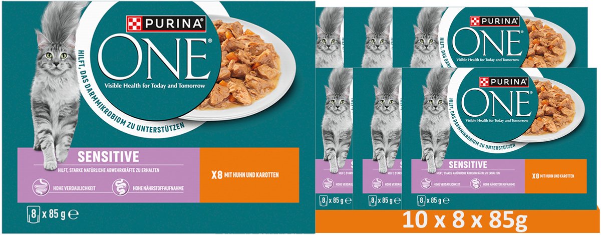 Purina PURINA ONE SENSITIVE 8-pack kattenvoer, zachte stukjes in saus met kip en wortelen (10 x 8 x 85g)