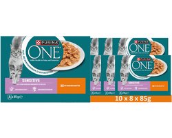 PURINA ONE SENSITIVE 8-pack kattenvoer, zachte stukjes in saus met kip en wortelen (10 x 8 x 85g)