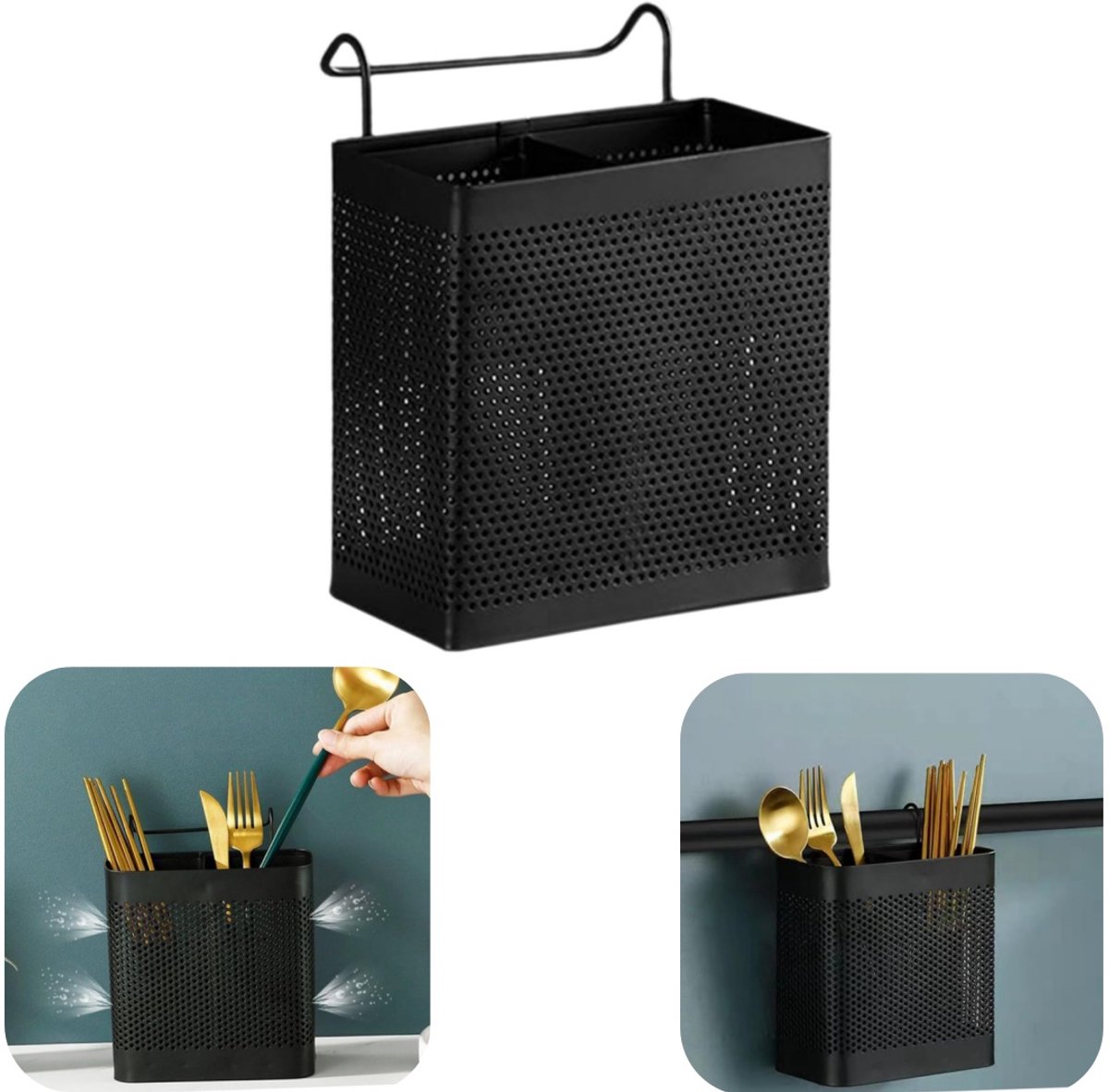 Opbergemmer - Bamboestokopberger - Bestekopbergemmer - Roestvrijstalen opbergdoos - Hangbaar - Met afwateringsgat - Schokbestendig - Roestvrij - Keukenaccessoires - Geschikt voor keuken, bestek, bamboestokken (zwart, 15,5*8,5 cm)