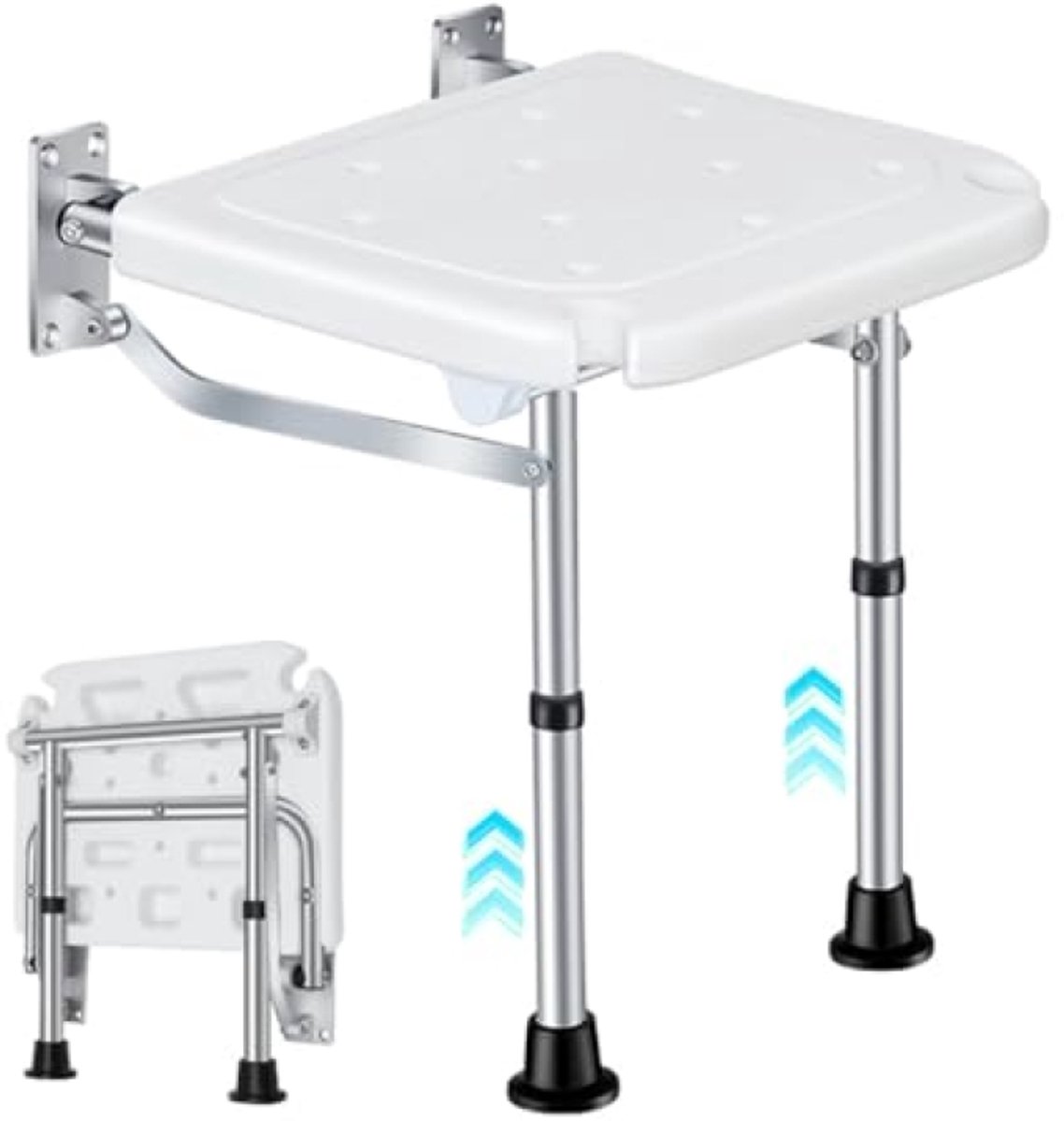 Opvouwbare douchestoel wandmontage in hoogte verstelbaar tot 160 kg met poten - 40 x 32 x 42 cm