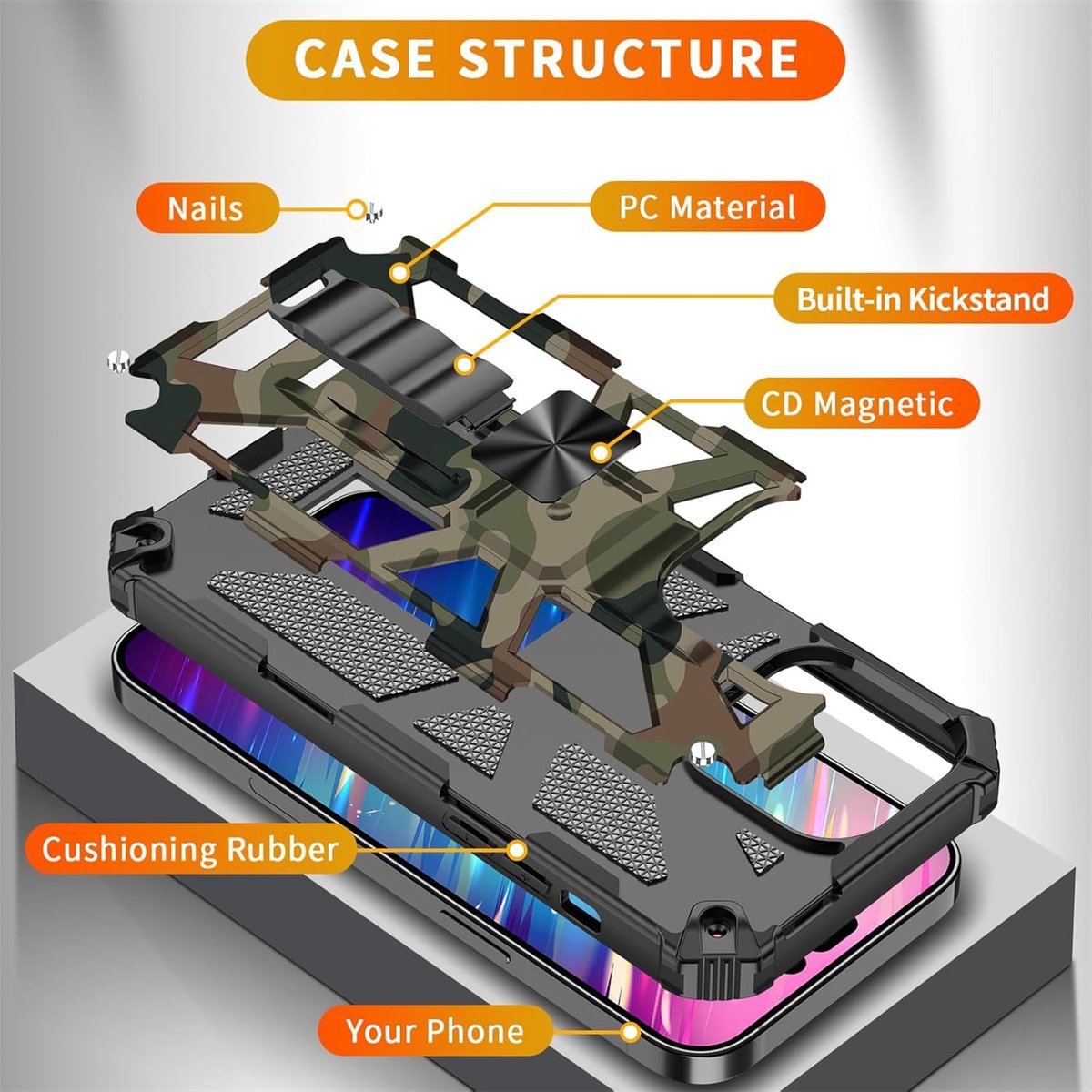 Militaire Schokbestendige Hoes voor iPhone 15 - Robuuste Camouflage Ontwerp, Anti-Kras en Met Kickstand