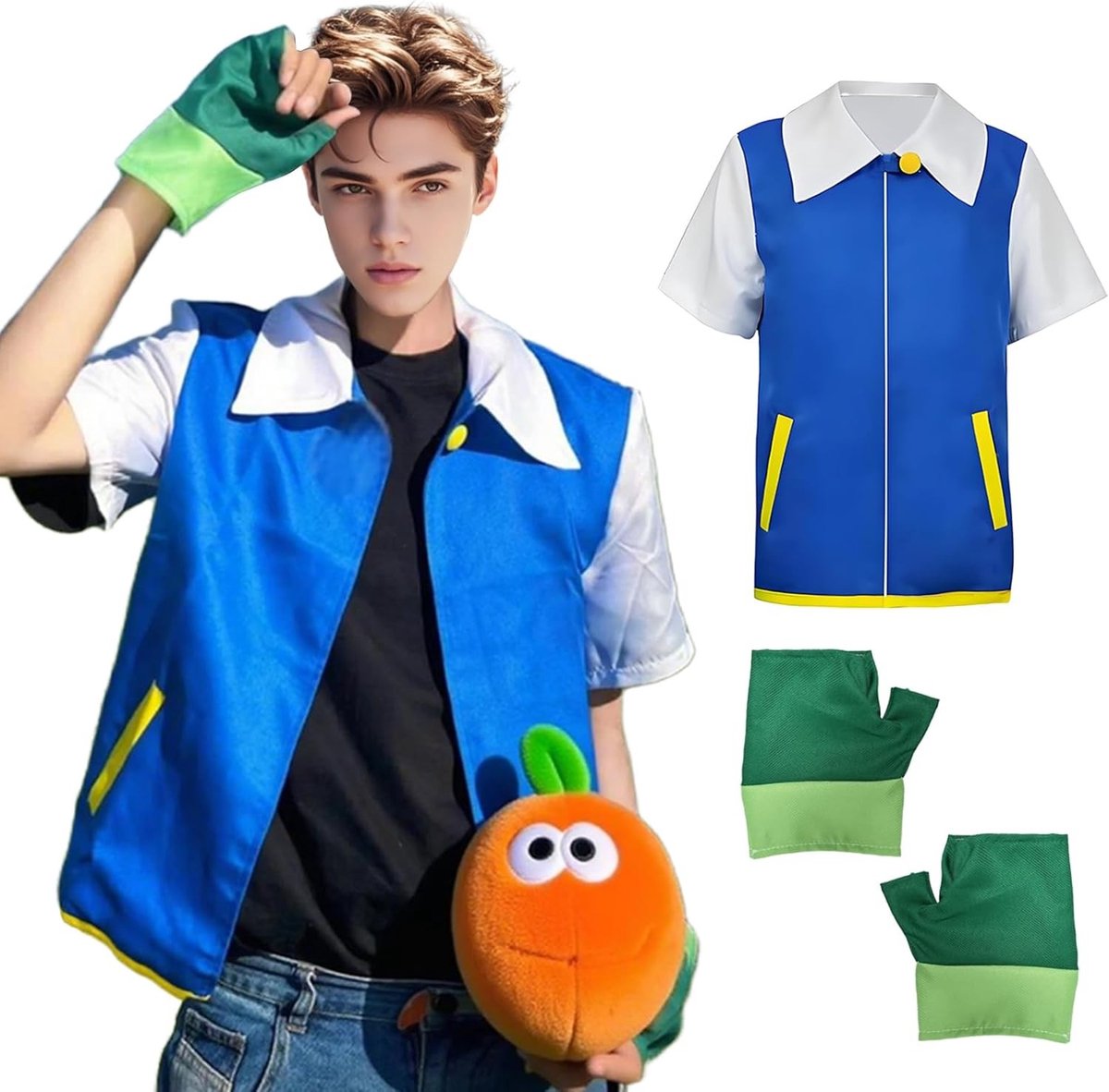 Anime Cosplay Kostuum voor Volwassenen, Blauwe Jas en Handschoenen Set, Unisex Carnaval Outfit voor Halloween, Themafeesten en Toneeloptredens