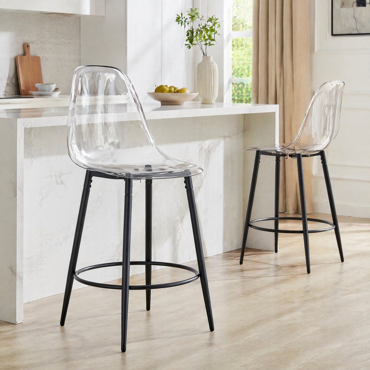 DESMIU Barkruk 66 Cm - Set Van 2 Met Transparante Rugleuning En Zwarte Metalen Poten - Voor Keuken En Bar - Kunststof En Metaal