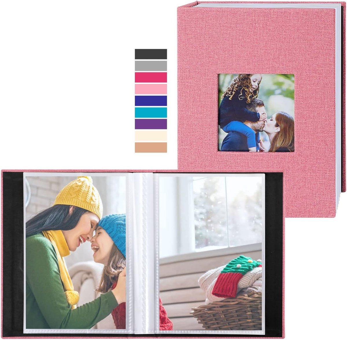 Fotoalbum voor Verticale Foto's 10 x 15 cm - Mini Formaat met 50 Compartimenten - Linnen Stoffen Album in Roze voor Herinneringen