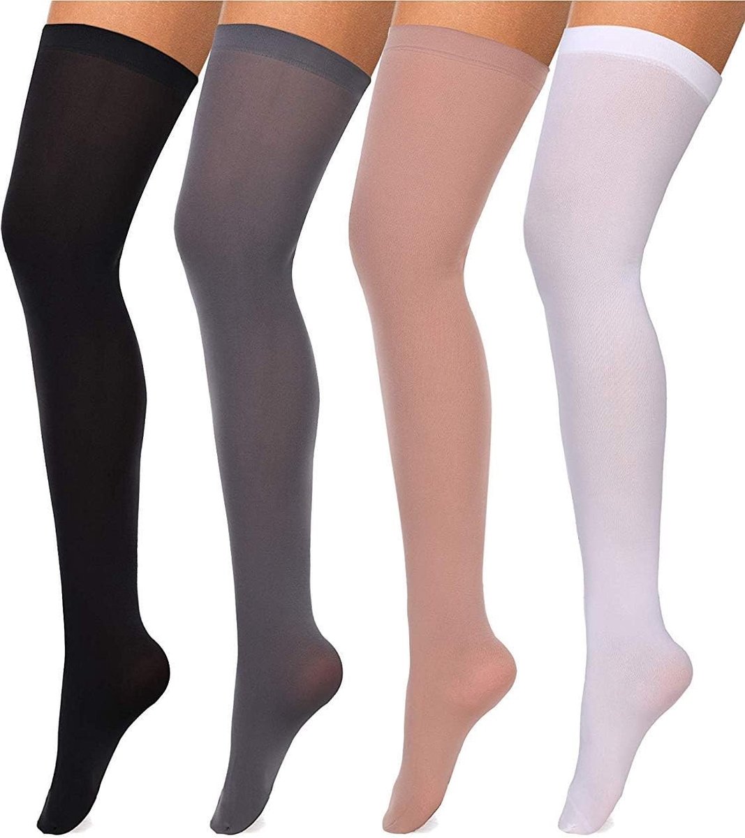 Zijdeachtige Kniehoge Kousen voor Dames - 4 Paar Nylon Kousen voor Halloween, Cosplay en Feestaccessoires (Kleurset 1)