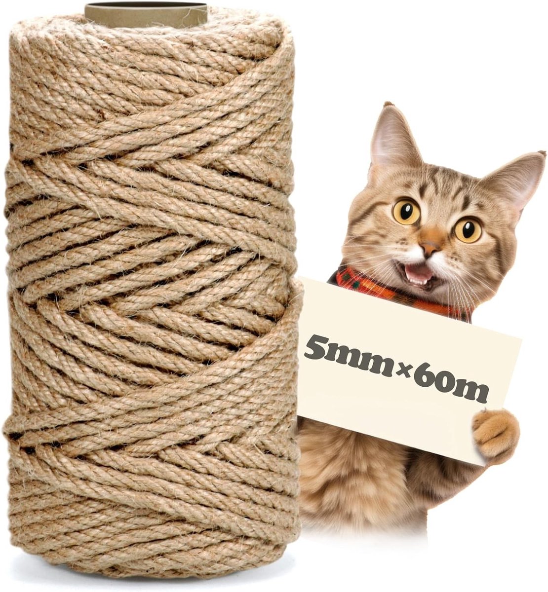 Natuurlijke Sisal Touw van 60m - 5mm Dikte, Duurzaam en Milieuvriendelijk voor Kattenkrabpalen, DIY Kattenbomen en Creatieve Projecten