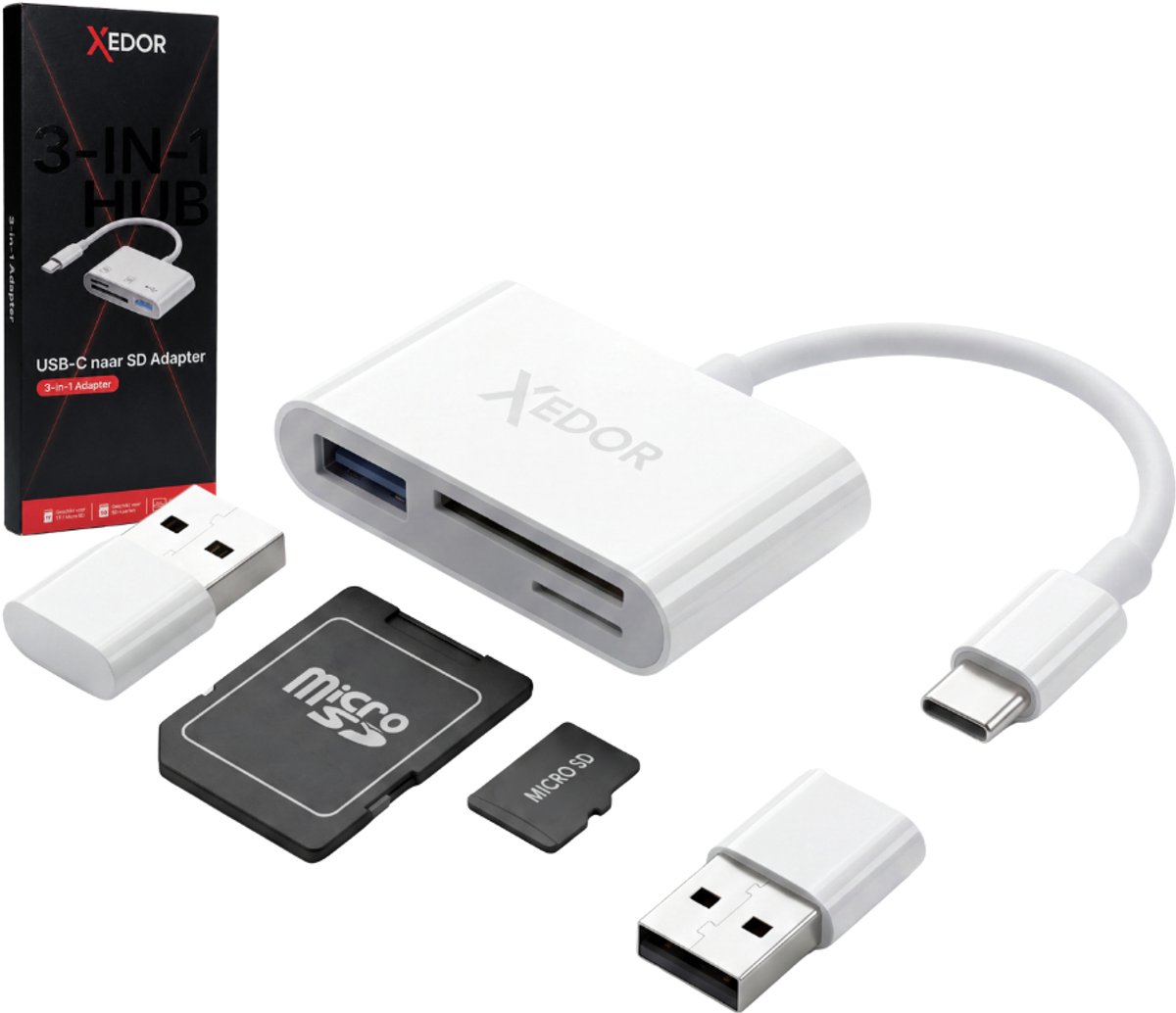 Xedor® Readex - SD Kaartlezer USB-C - 3-in-1 Kaartlezer - SD & Micro SD Kaartlezer - USB-A Poort - Inclusief USB-A Adapter - Geschikt voor Laptop, Tablet en Smartphone - Wit