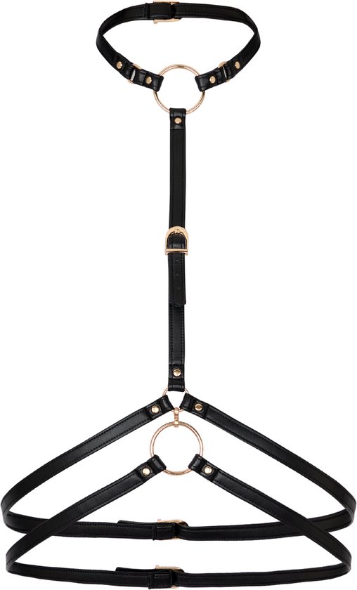 Zwart kunstleren harnas met gouden ringen en gespen.