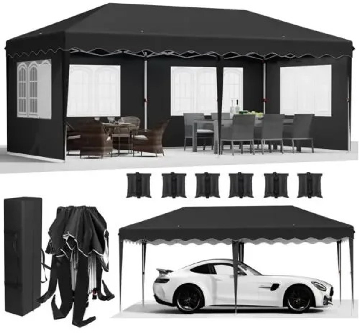 Bruinsma INEX Partytenten - Partytent Opvouwbaar - Paviljoen - Waterafstotend - UV-Bescherming - 600Lx300Bx266H CM - Zwart