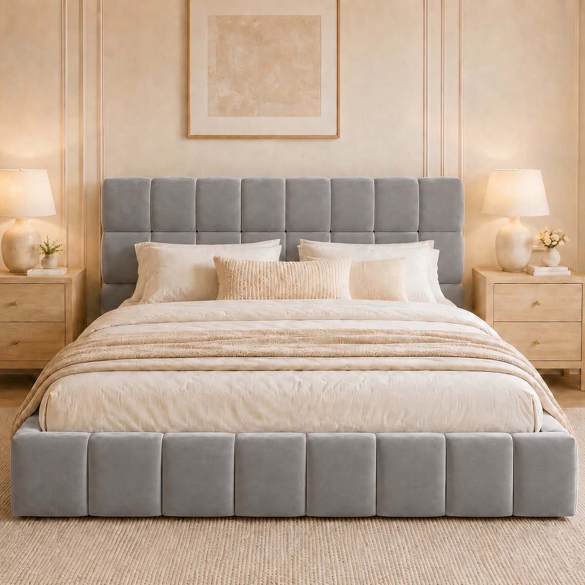Merax 140 x 200 cm gestoffeerde bed - tienerbed - tweepersoonsbed met zacht hoofdeinde - plat bed met stoffen bies - grijs - zonder matras
