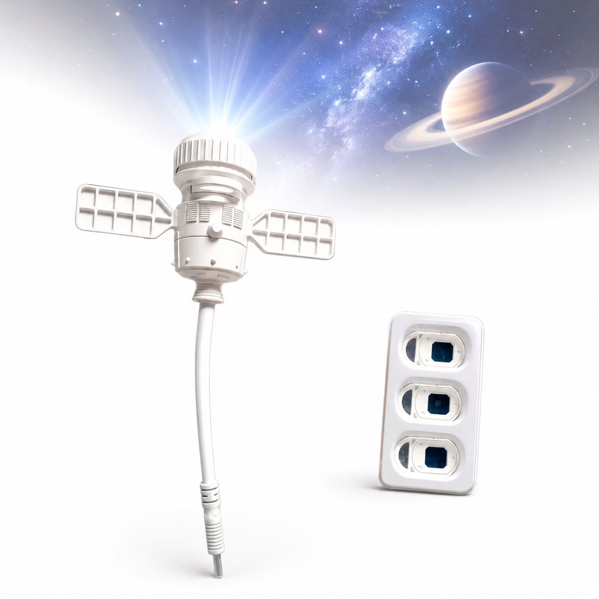 Daity 1 stuk - Universele, 360 graden verstelbare satellietvormige lichtprojector | Verstelbare plafondprojector met 4 verwisselbare dia's voor volwassenen, slaapkamer, thuis, feestjes en verjaardagen