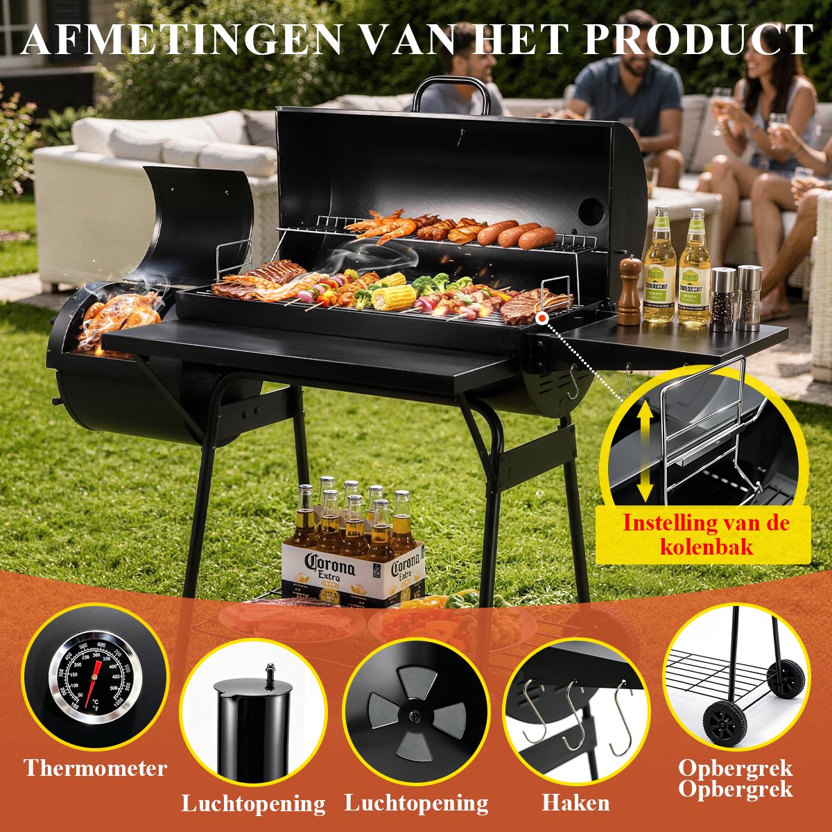 Houtskool BBQ XXL - Houtskool Grill met Offset Smoker - BBQ-grill met Zijtafel - Buiten Koken - Kamperen en Picknicken in de Tuin - Terras en Feestjes - Smoker Barbecue Zwart thumbnail 5