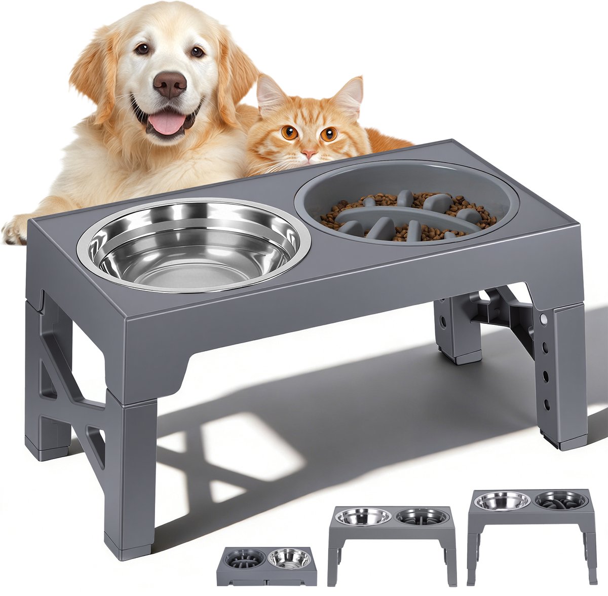 Lemonmax Verhoogde Voerbak Hond - Hondenvoerbak en Slowfeeder met 2 RVS Bakken - Verstelbaar 22-31 cm - 42,5x23,5 cm - Grijs