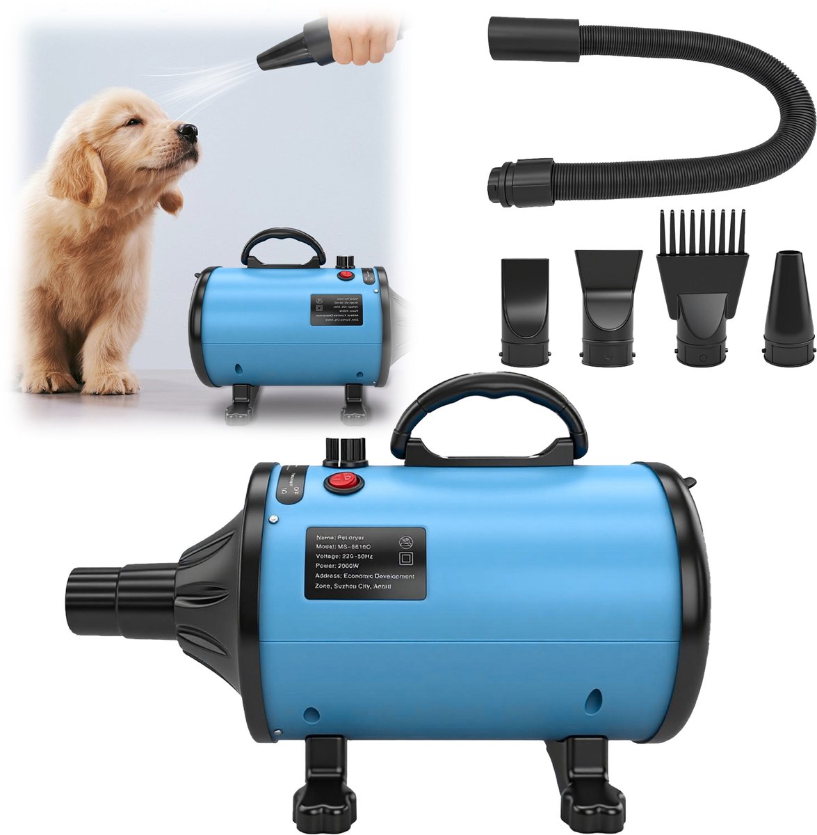 Huisdier droger 2000W met variabele snelheid en warm‑koudelucht, EU‑stekker, inclusief flexibele slang en vier opzetstukken voor honden en katten