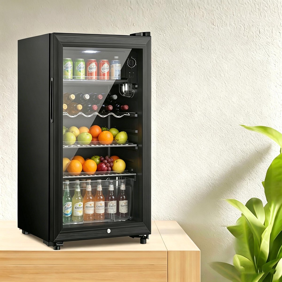Drankenkoelkast 118L voor maximaal 100 blikken vrijstaand zwart met apart klein vriesvak sterke koelprestaties scheidt gekoelde dranken en bevroren snacks zonder hoofdkoelkastruimte op te gebruiken thuis en kantoor