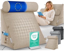 ELONEO Wigkussen - Nek- en Rugsteunkussen voor Rechtop Zitten in Bed, Lezen of op de Bank, met Zijvak en Afneembare Nekrol, Wasbare Hoes
