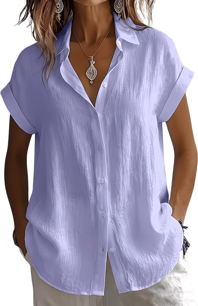 Currero Linnen Blouse Dames T-Shirt Polo Overhemd Shirt Zomer Ibiza Stijl Lavendel Blauw