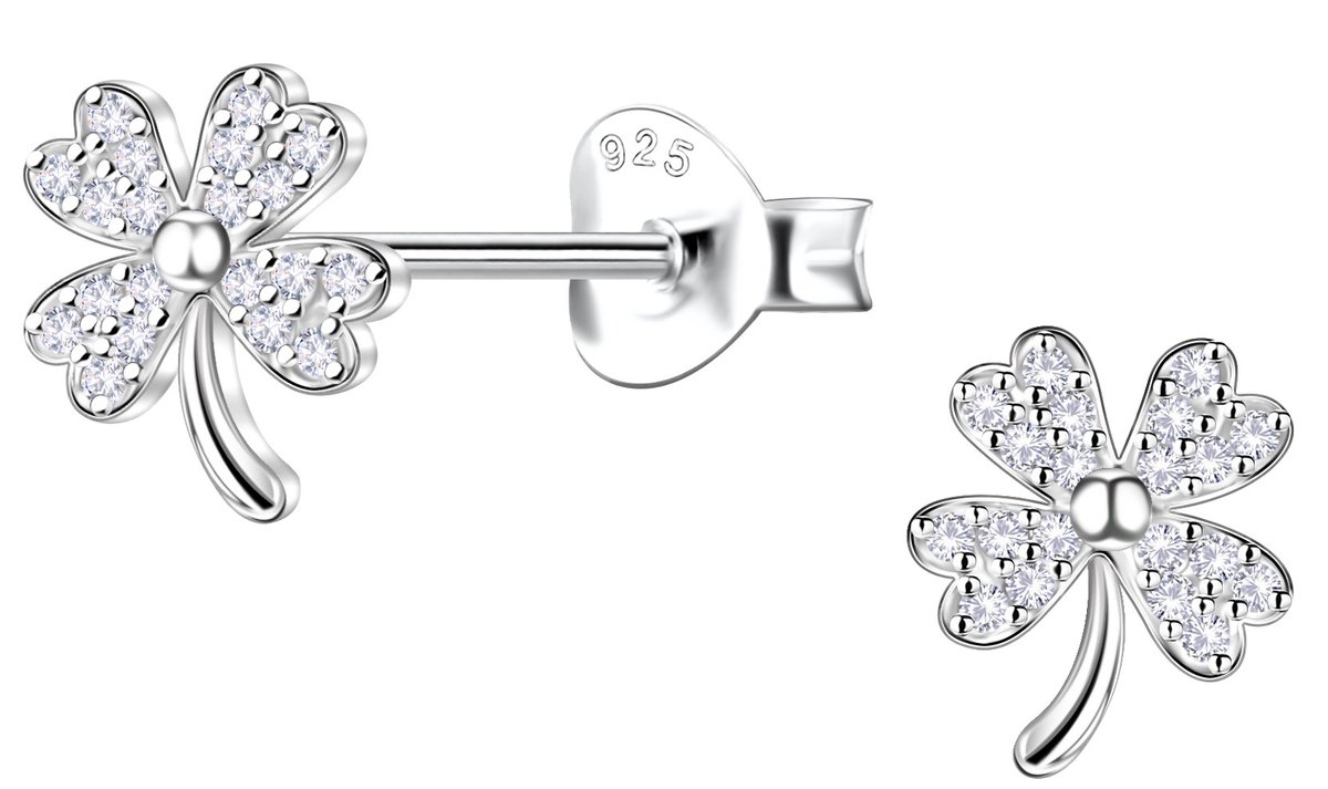 Joy|S - Zilveren klaver oorbellen - 6 x 7 mm - klavertje vier - zirkonia - sterling zilver 925 - dames oorknopjes